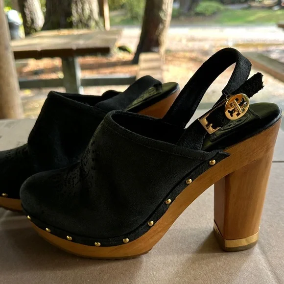 Tory Burch Black Suede Mules with Gold Accents - Picture 2 of 4